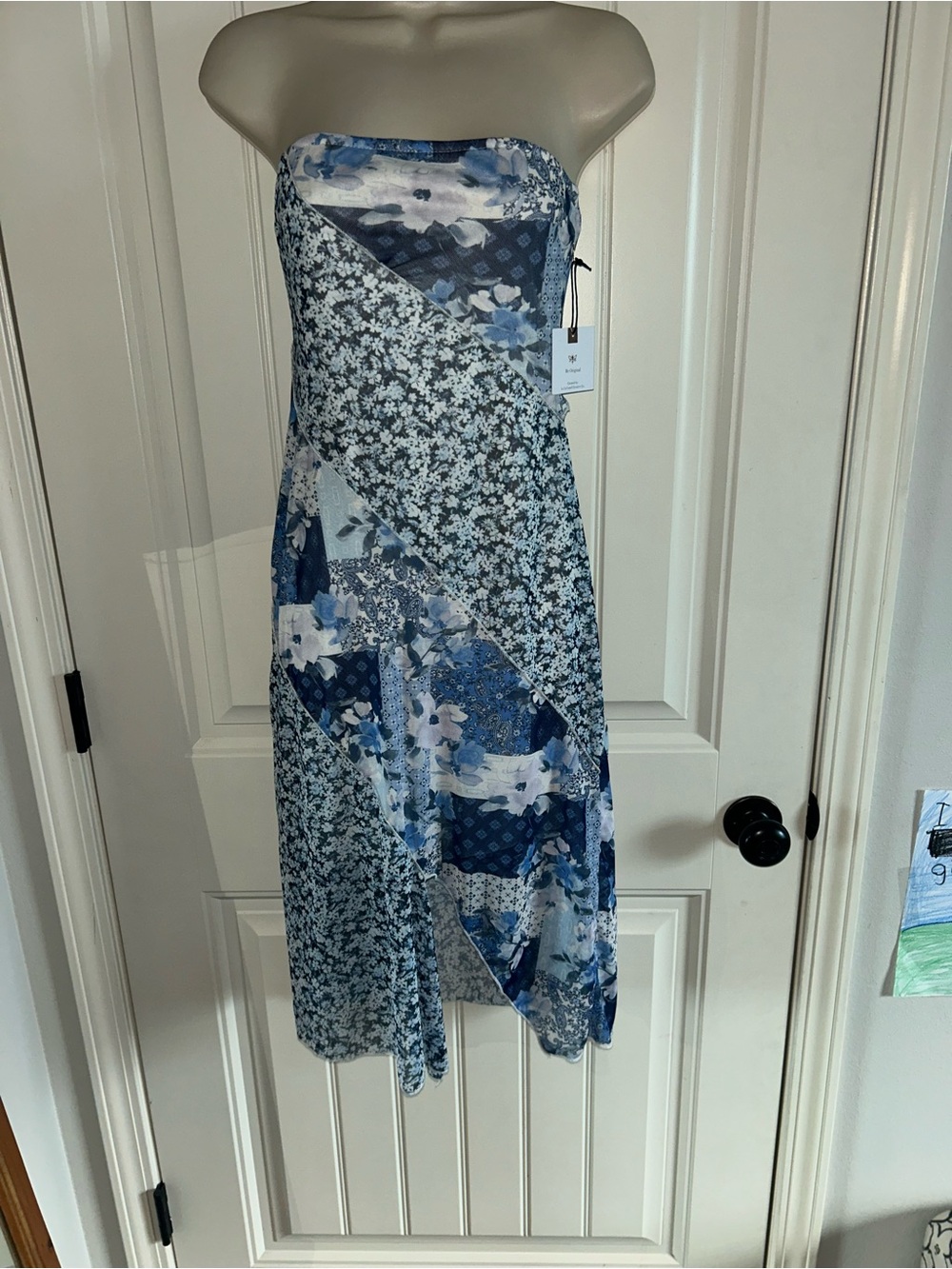 NWT Originality Blue Strapless Patchwork Floral Midi Dress Sz S